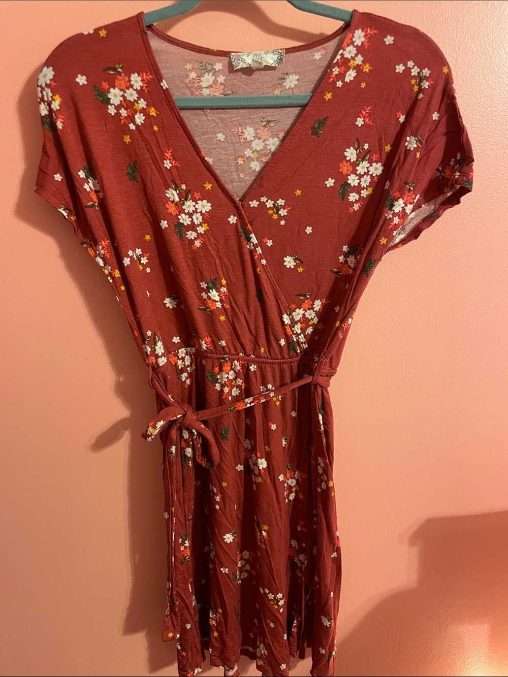 Pink Rose Rust Floral Wrap Midi Dress with Tie Waist